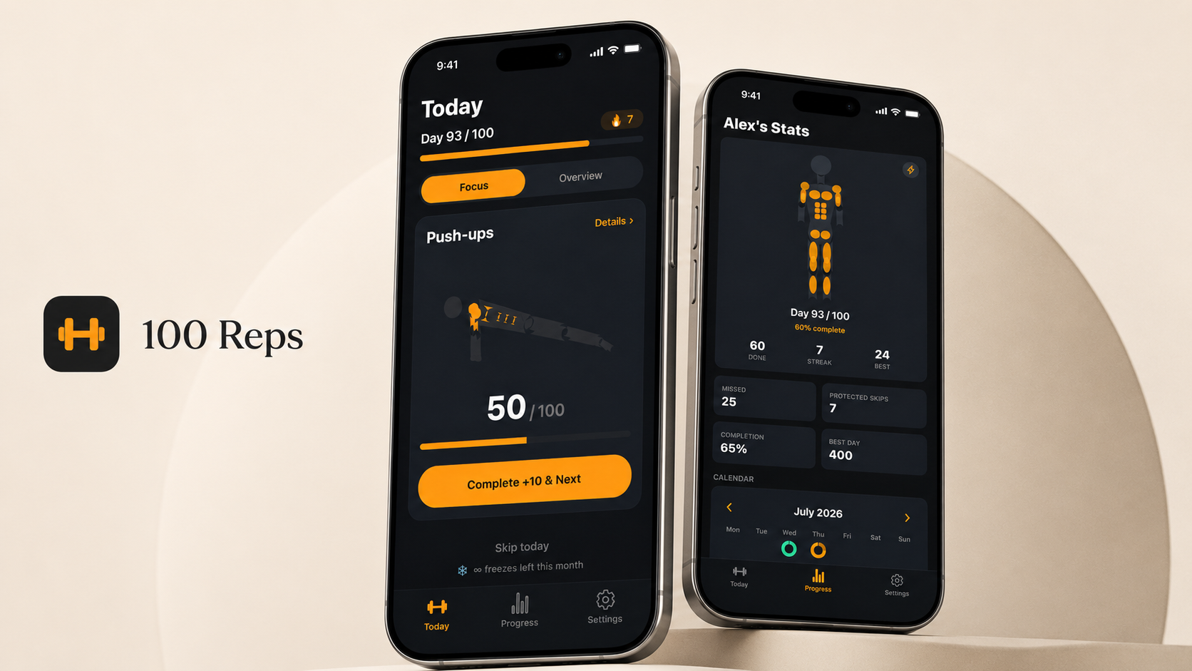 100 Reps workout tracker shown on two iPhone mockups