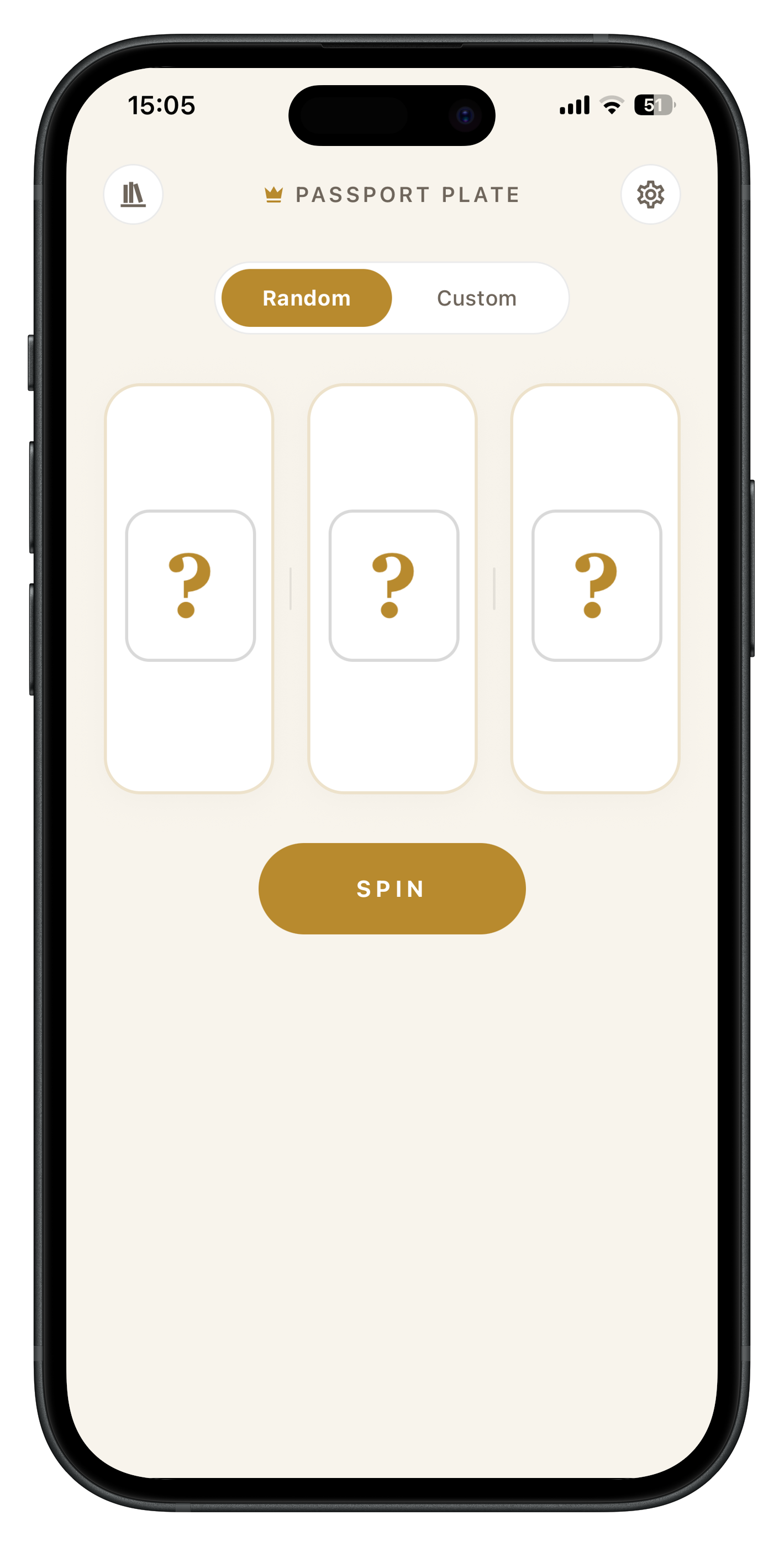PassportPlate before a spin