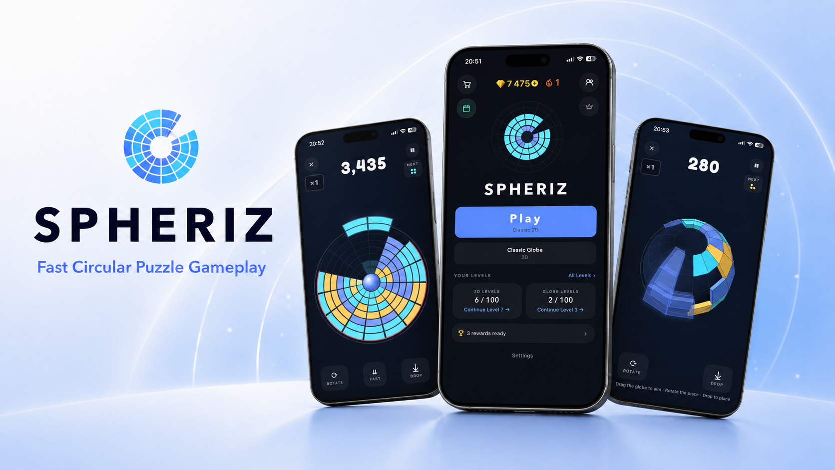 Spheriz circular puzzle game shown on three iPhone mockups with the app logo